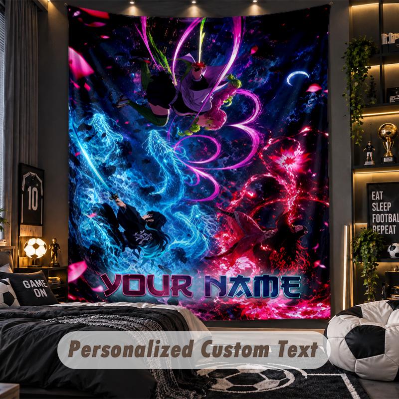 Personalized Wall Tapestry,Demon Slayer Custom Printed Name, Fabric Wall Art For Indoor Room Backdrop