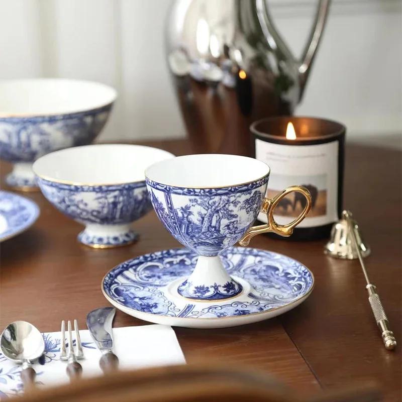 Синие тарелки для еды Аббатства Даунтон, Французский ретро чайный сервиз, Миски, Обеденные тарелки, Фруктовница, Блюдо для рыбы, Посуда, Столовая посуда