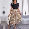 Женское весенне-летнее плиссированное длинное платье с круглым вырезом и коротким рукавом с леопардовым узором и высокой талией