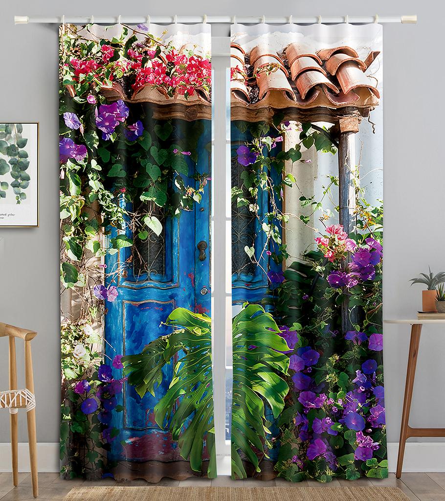 2 Panels Flower Path Printed Curtain Rod Pocket Semi Blackout Window Treatment For Bedroom Office Kitchen Living Room Study Home