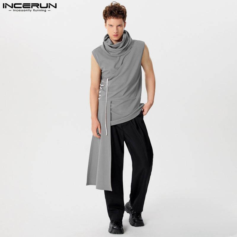 INCERUN Men High Cowl Neck Irregular Stitching Sleeveless T-shirt Casual Ruffled Tops