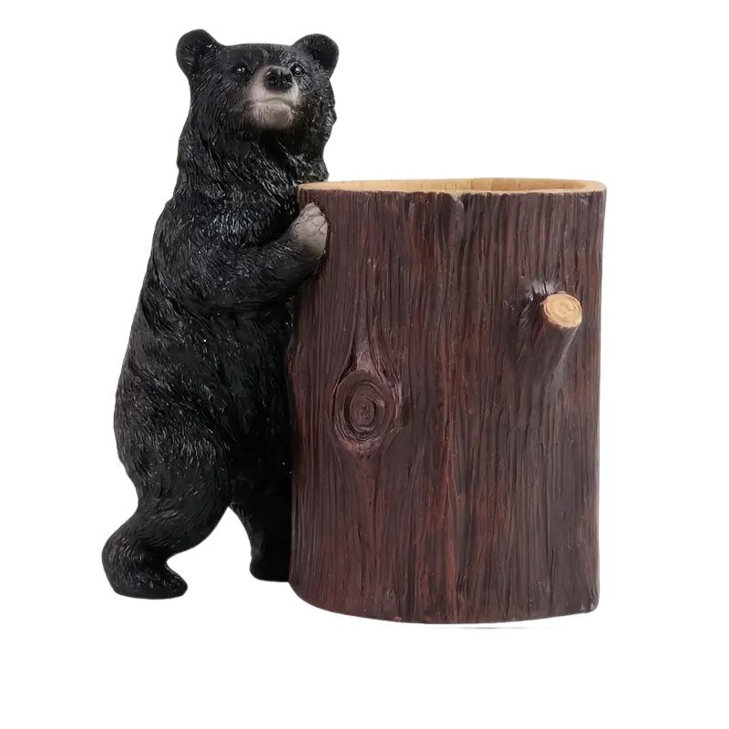 Resin Black Bear Pen Holder Desk Tree Trunk Pencil Cup Thanksgiving Home Office Decor Unique Cabin Style Wildlife Figurine