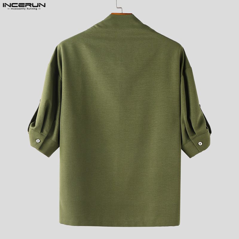 INCERUN Мужской костюм-двойка, рубашки с полурукавом и брюки с воротником-стойкой, повседневные свободные комплекты