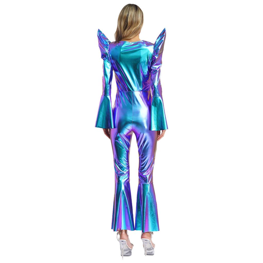 Metallic Shiny Bell Bottom Jumpsuit for Women S-3XL: Disco Style Romper with High Waist & Long Sleeves, Halloween Costume