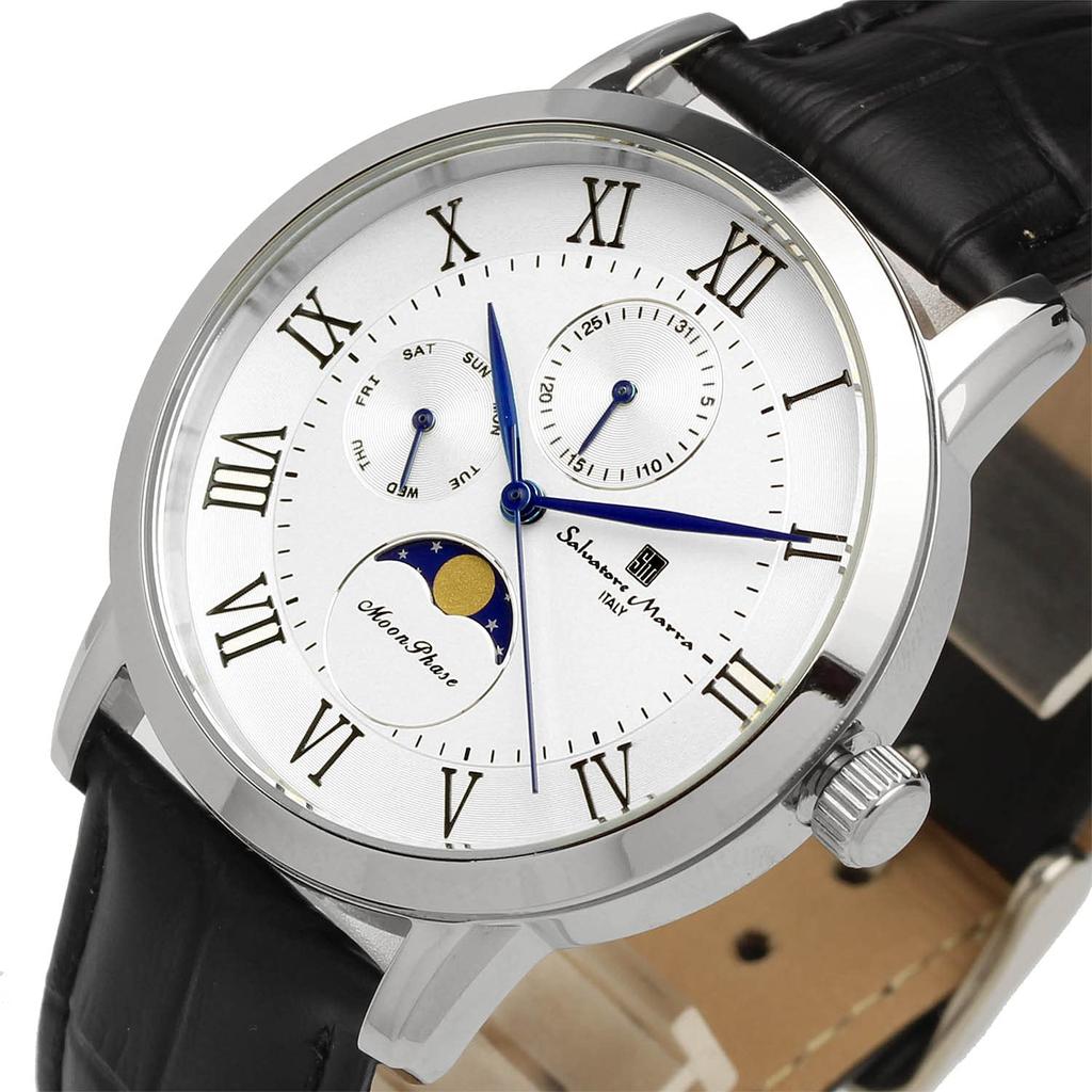 Salvatore Marra Лимитированная серия Moon 5 АТМ Водонепроницаемые Кожаные Мужские Серебристые/Белые Часы, Фаза, Мультикалендарь, Водонепроницаемость, Ремешок, Серебристый/Белый,