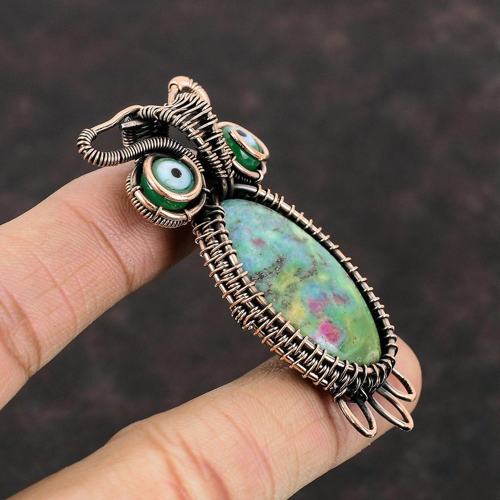 Подвеска из рубина и фуксита, зеленая подвеска от сглаза, медная проволока, обернутая в кулон, ювелирные изделия ручной работы из драгоценных камней, подвеска в виде совы, медные украшения для подарка