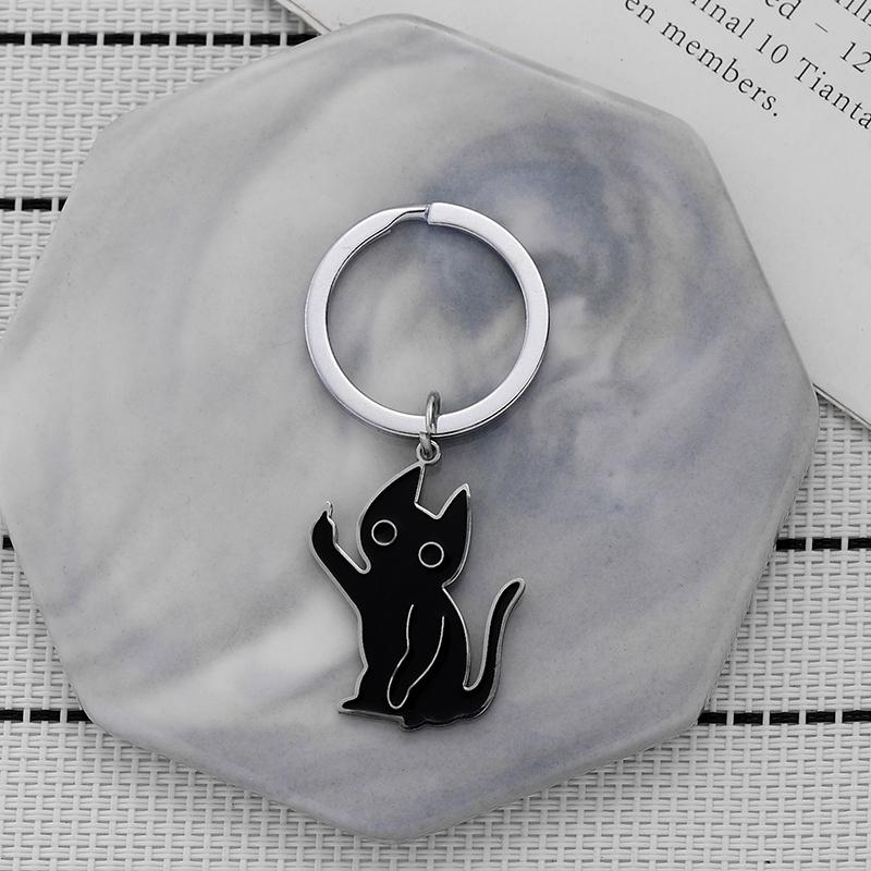 Unconvinced Kitten Keychain Cartoon Funny Stainless Steel Keychain Middle Finger Black Cat Pendant Car Keychain Gift
