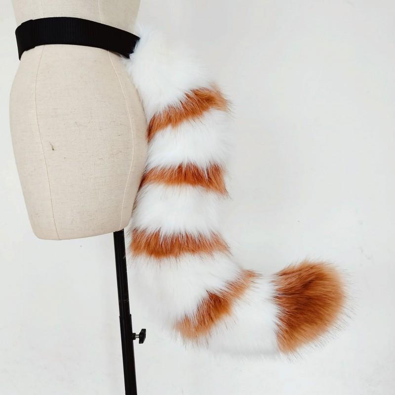 Plush Anime Cat Tail Cosplay Accessory Adults - Thickened Dense Furry In White-Camel Black-Red Colorways