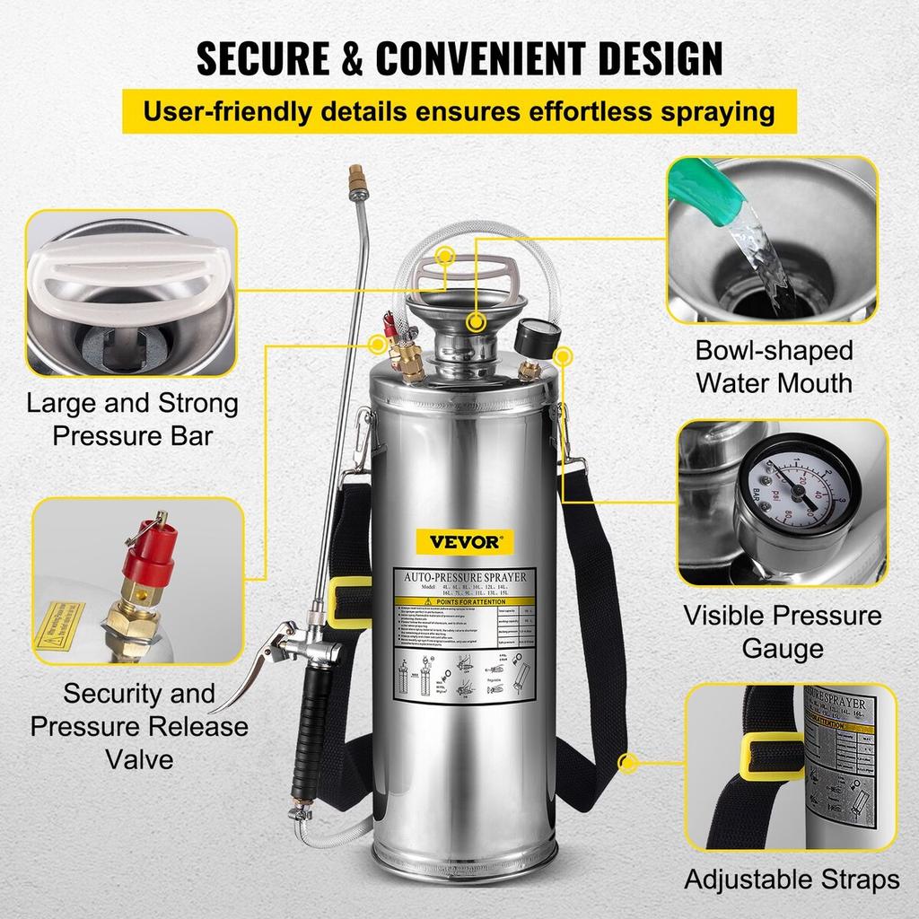 Stainless Steel Sprayer 10L Household Gardening and Floor Cleaning Sprayer, Suitable for the Current Neds of Industry, Agriculture, Commerce, Medicine