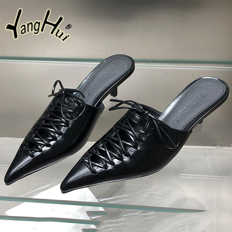PU Europe and America Style Sexy Fine High-heeled Shoes Women's Slippers 2024 New Fashion Solid Color Hollow Out Sandals Summer