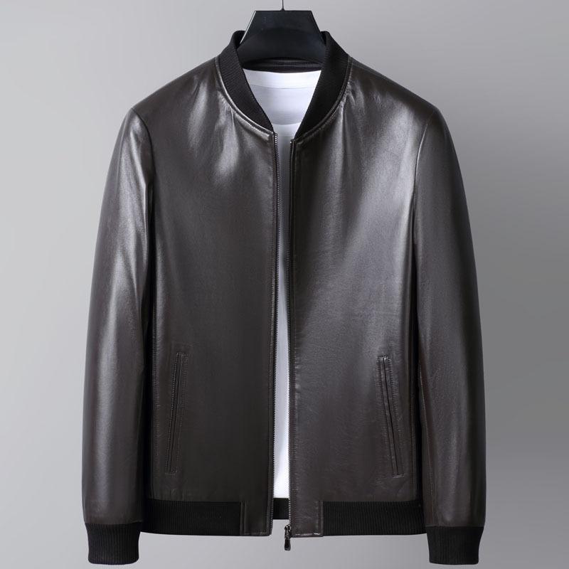 Australian First Layer Sheepskin Genuine Leather Jacket Men's Baseball Jacket Round Neck Leather Jacket Youth Motorcycle Jacket Trendy