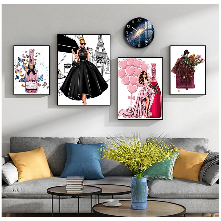 Плакаты и принты, настенные картины для гостиной, модная сумка для девочек, воздушный шар, салон шампанского, настенная живопись с принтом на холсте, скандинавская картина