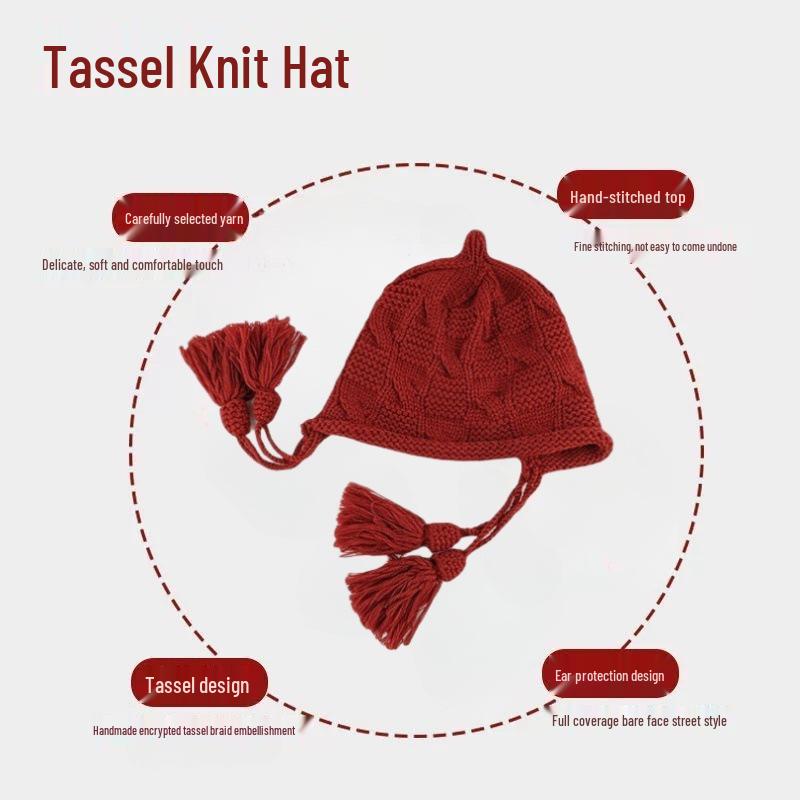 Festive Red Tassel Beanie - Women's Autumn/Winter Ear Protection Hat for Christmas and New Year