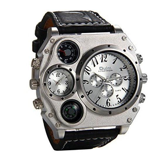 JewelryWe Fashion Mens Multifunctional Watch Numeric Dial Analog Display Leather Band Sports Compass Thermometer Function Silver Black