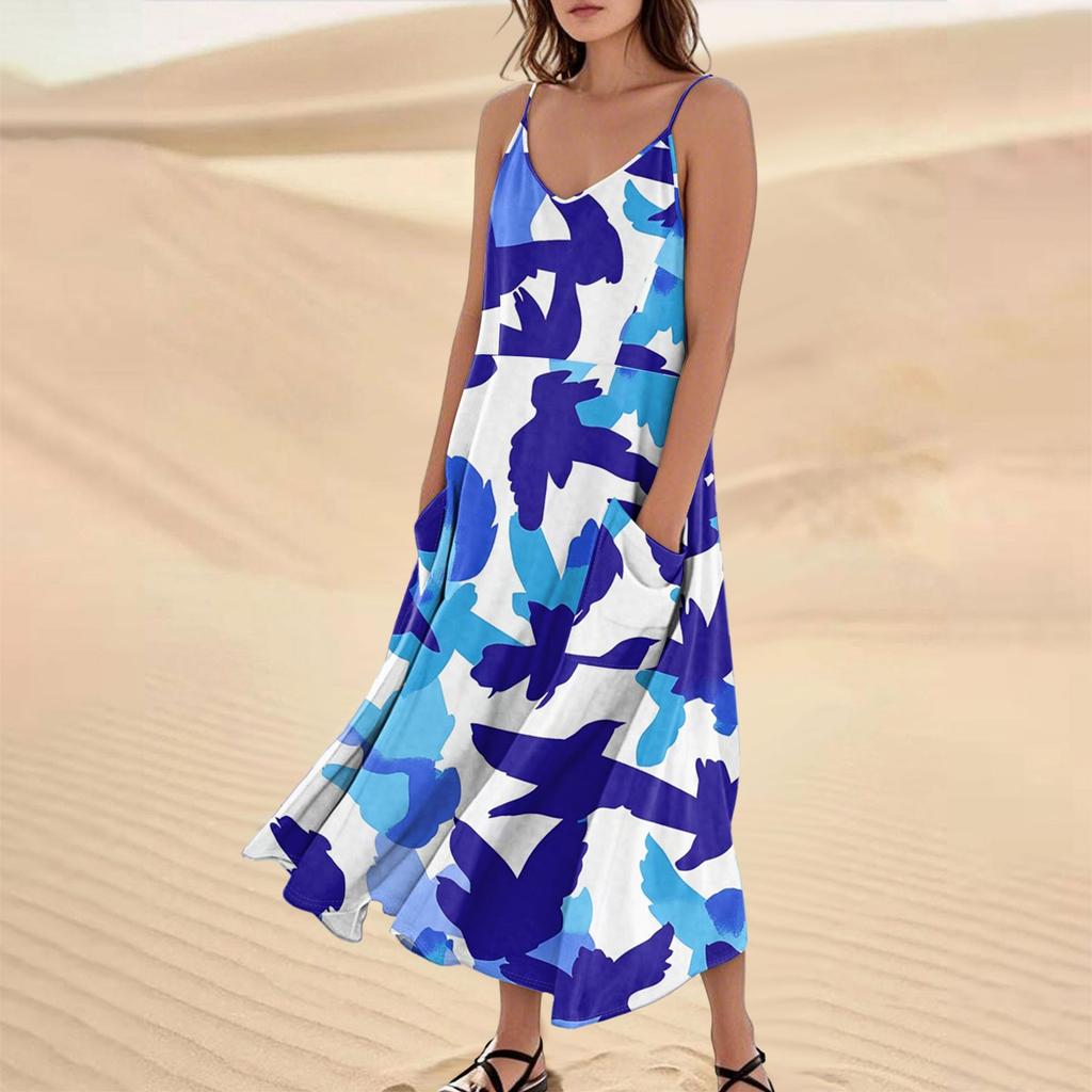 Женское модное повседневное длинное пляжное платье без рукавов с карманом и цветочным принтом