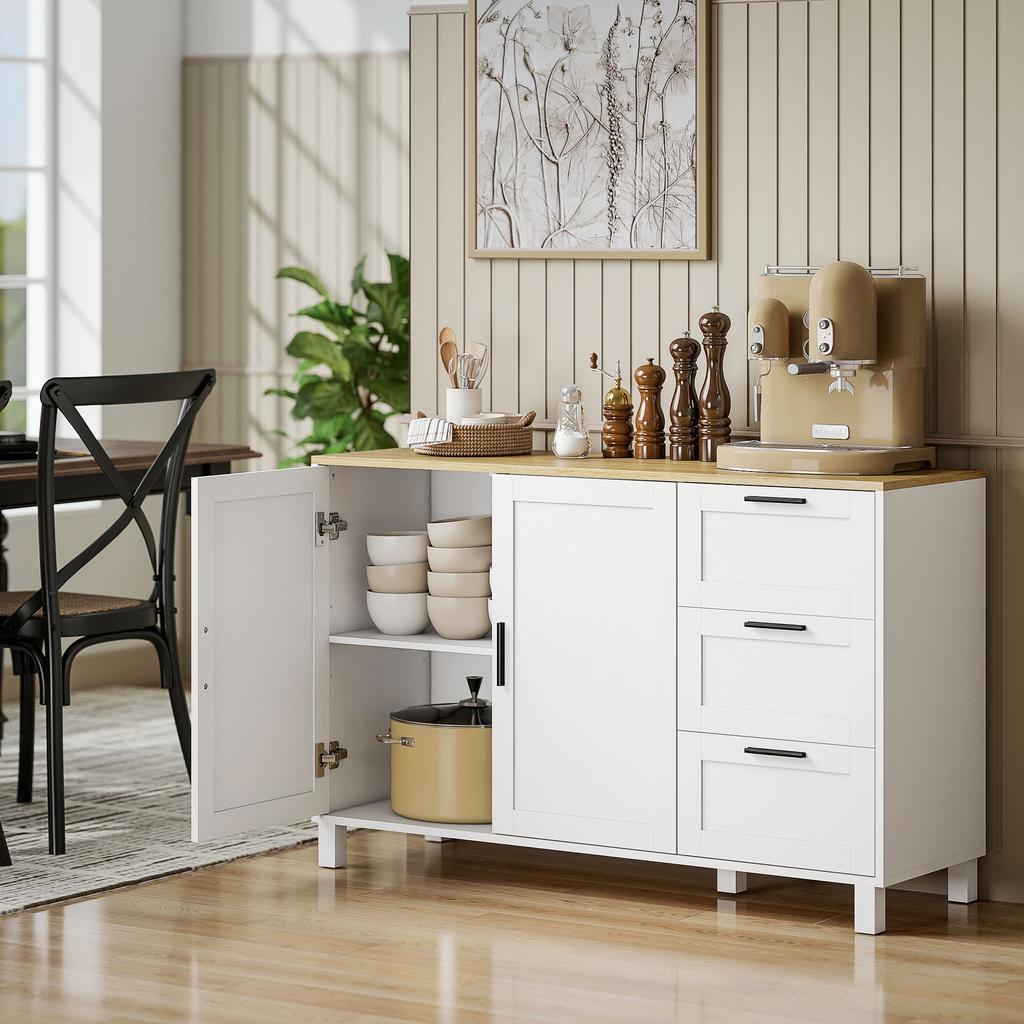 Living Room Sideboard, Storage Cabinet, Soft-Close Double Door, 3 Drawers and Adjustable Shelf, 120x38x76cm, White