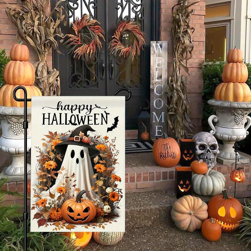 1pc Happy Halloween Garden Flag Cute Ghost Pumpkin Print Suitable for Halloween Yard Outside Decoration No Flag Pole 12X18 Inch