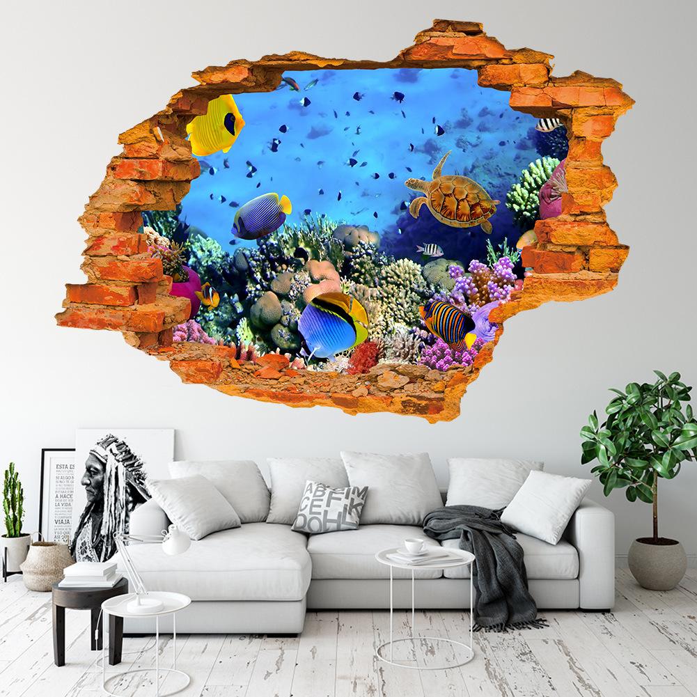 За пределами сломанной стены морской мир 3d виниловые наклейки для гостиной спальни украшения дома плакат настенные наклейки