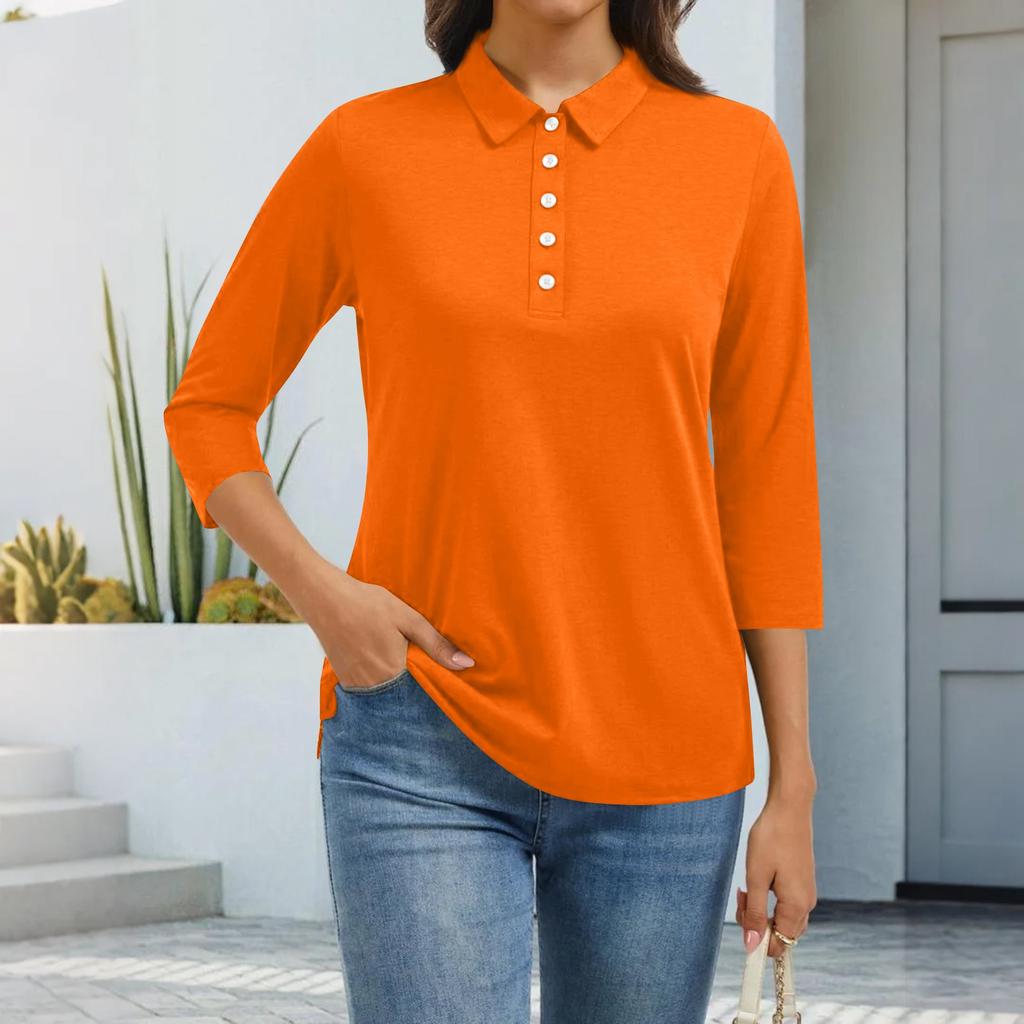 Women's Fashion Casual Lapel Short 3/4 Sleeve Solid Color Shirt Women's Button Up Tops