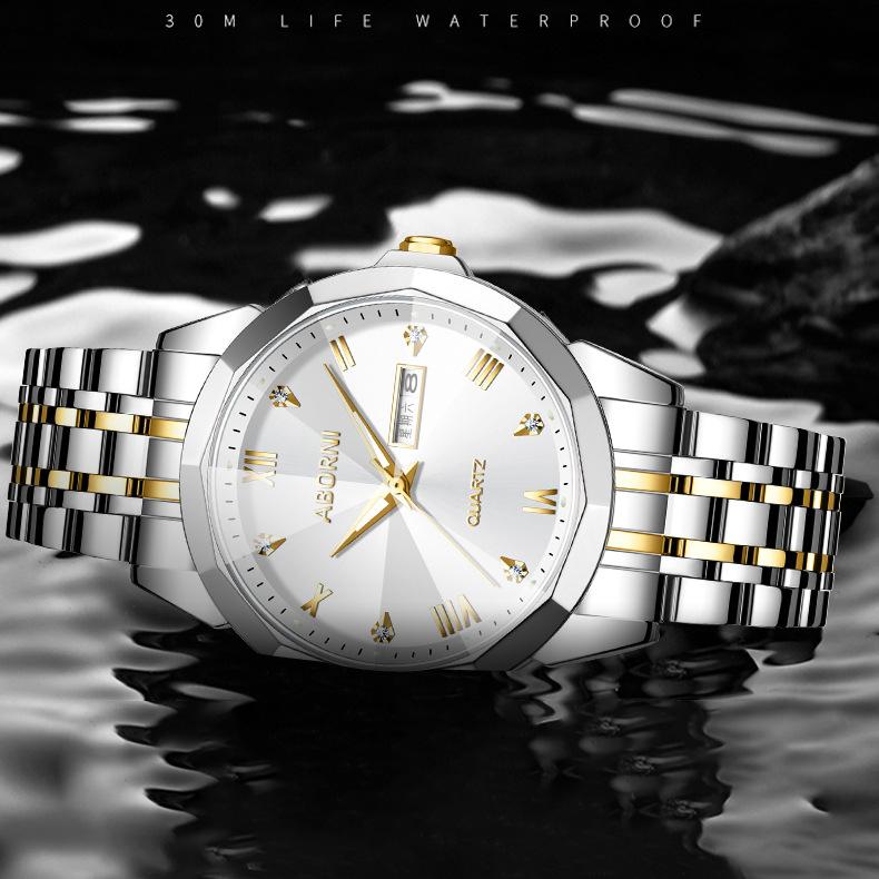 Мужские часы ABORNI, деловые наручные часы с двойным календарем, модные кварцевые мужские часы из зеркальной стали с бриллиантами и бриллиантами