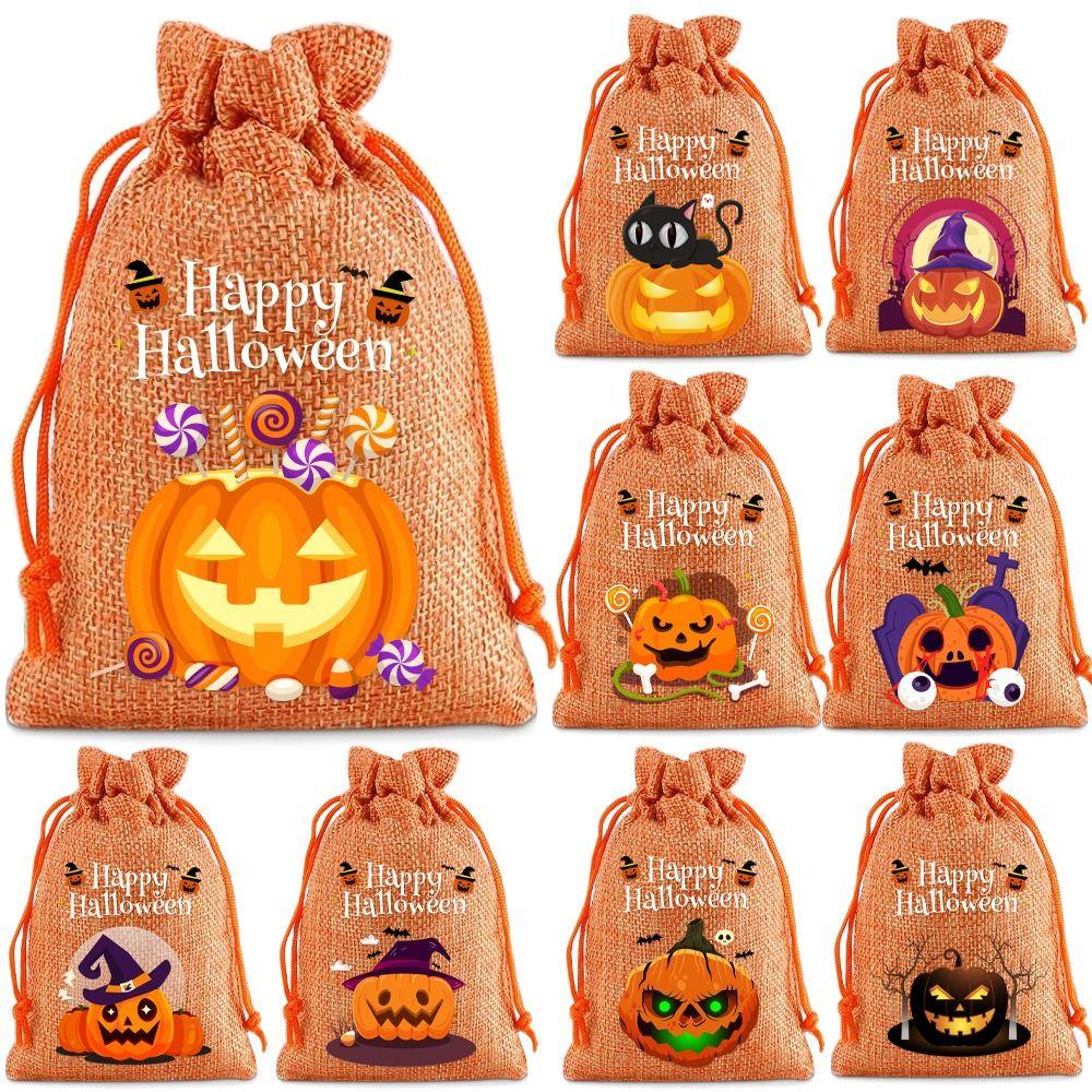 12Pcs Handheld Halloween Linen Drawstring Bags Creative Pumpkin Sugar Pocket  Party Supplies