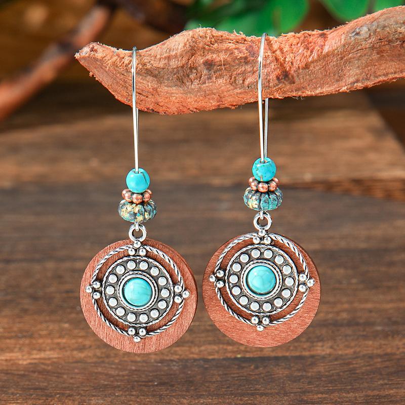 Vintage Tibetan Silver Geometric Turquoises Drop Dangle Earrings Woman Retro Ethnic Blue Beads Boho Jewelry Earrings Wholesale