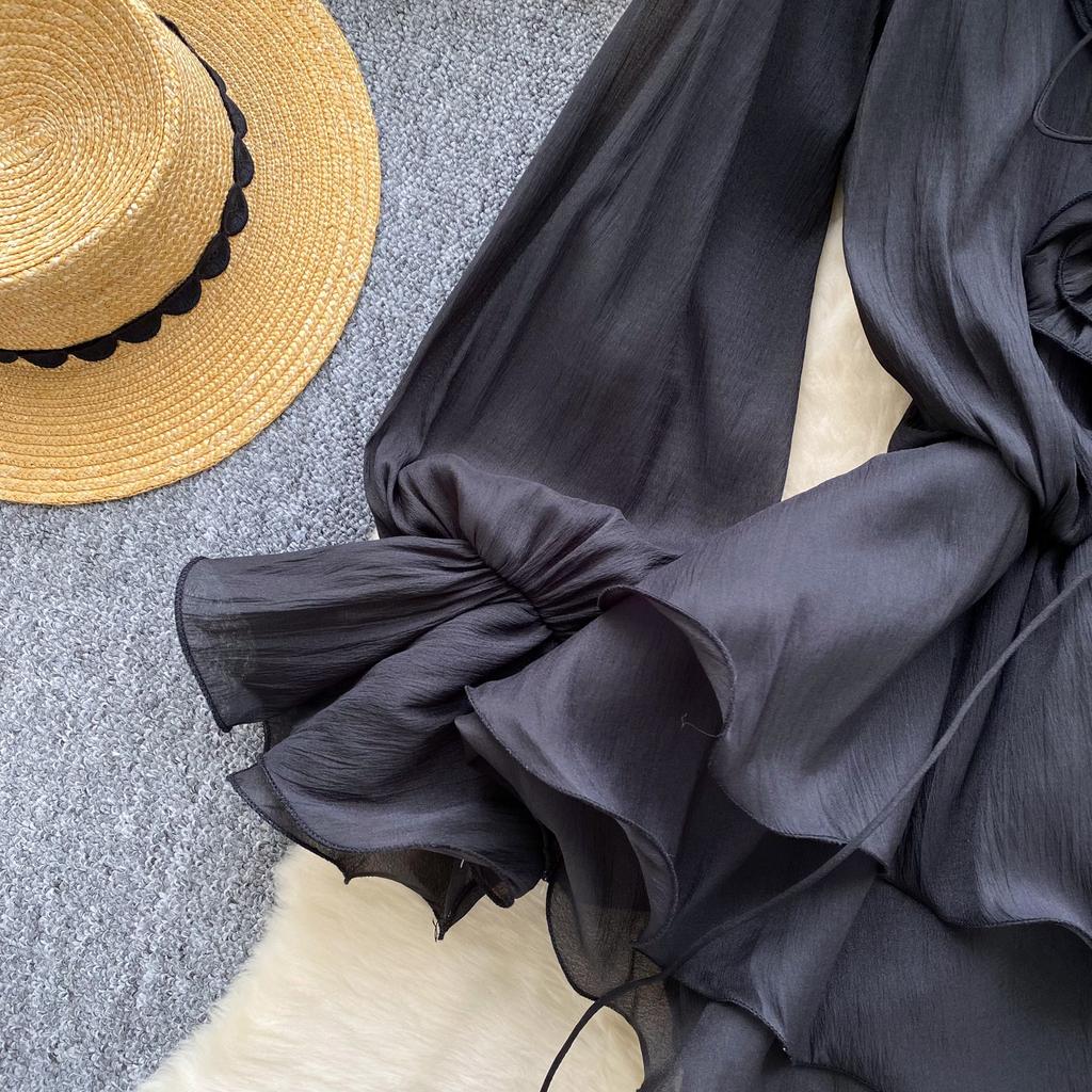 Sweet Pink 3D Floral Beach Short Dress Female Long Sleeves Lace Up Ruffle Chiffon Cake Sundress Sheer Sexy Vintage Bohemian Dress