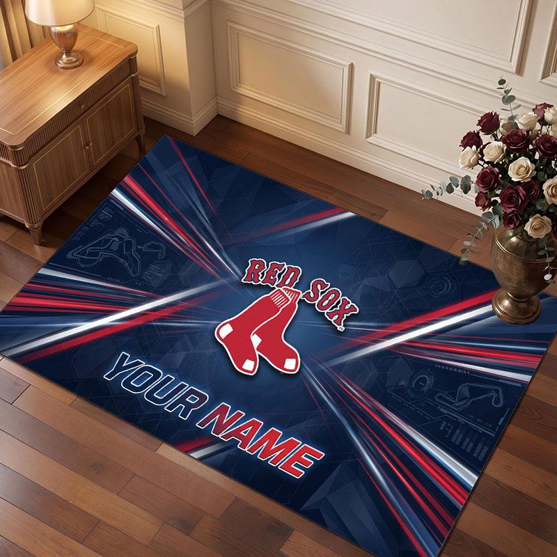 Boston Red Sox Personalized Crystal Velvet Carpet, Customized Name Text Soft Anti‑Slip Rug for Living Room Bedroom