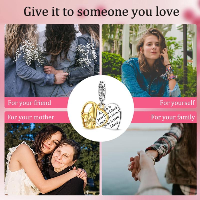 Original 925 Sterling Silver Charms Hold Hands with Mom Heart Engraving Pendant Fit Original Bracelet For Women DIY Jewelry Gift