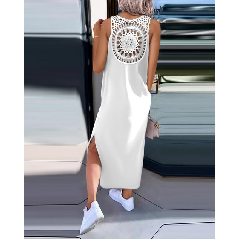 VEZFAA Женская мода лето весна однотонный принт без рукавов с круглым вырезом повседневные платья