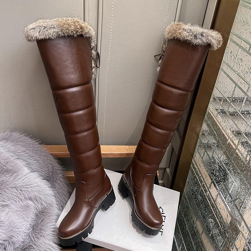 Женские длинные сапоги на высоком каблуке, новые зимние теплые зимние сапоги, большие плюшевые женские сапоги из однотонной кроличьей шерсти