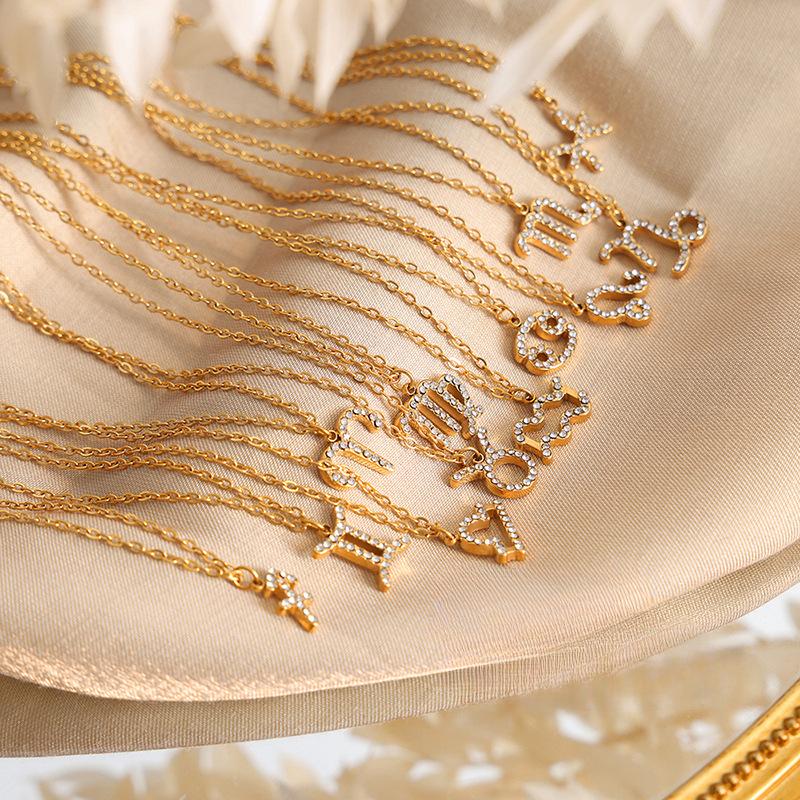 Подвеска «Двенадцать созвездий» в стиле французского хип-хопа, ожерелье-цепочка на ключицу со стразами в виде рыб и тельцов, титановая сталь, настоящее золото, девушка