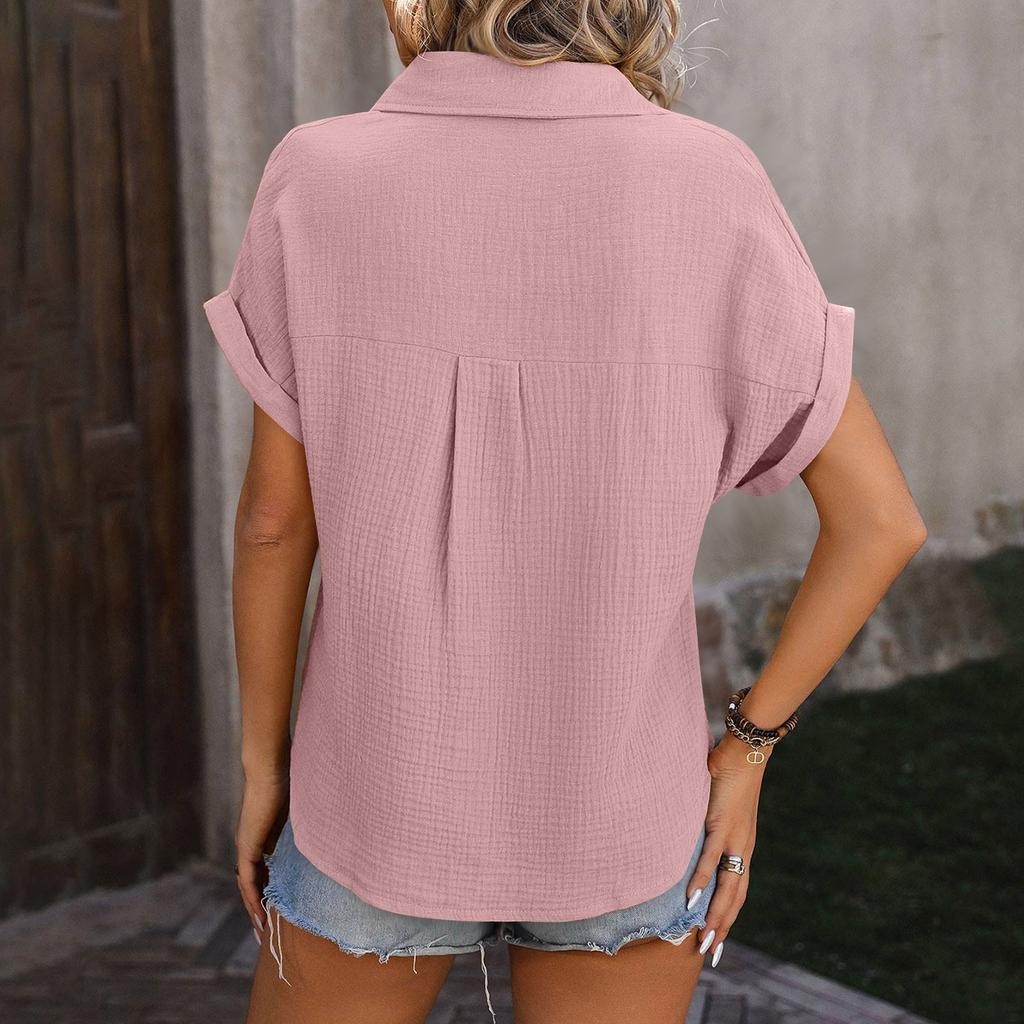 Женские рубашки на пуговицах с коротким рукавом, повседневная рубашка с воротником, свободные блузки, однотонные топы с карманом