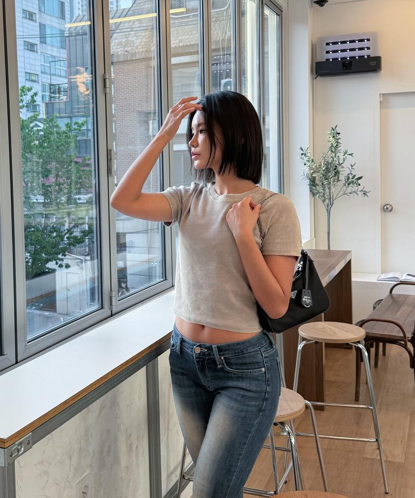 CREAM SODA LAB Pigment Ribbed Slim Crop Short Sleeve T-Shirt Khaki
