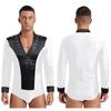 Men's Figure Skating Bodysuit - Glitter Rhinestones V Neck Long Sleeve Satin Patchwork Leotard