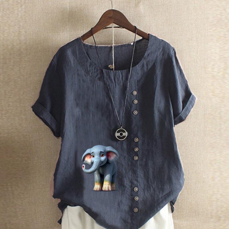 Women's New Fashion Linen Shirt Round Neck Short Sleeve Elephant Printed T-shirt Summer Ladies Casual Plus Size Blouse Tops