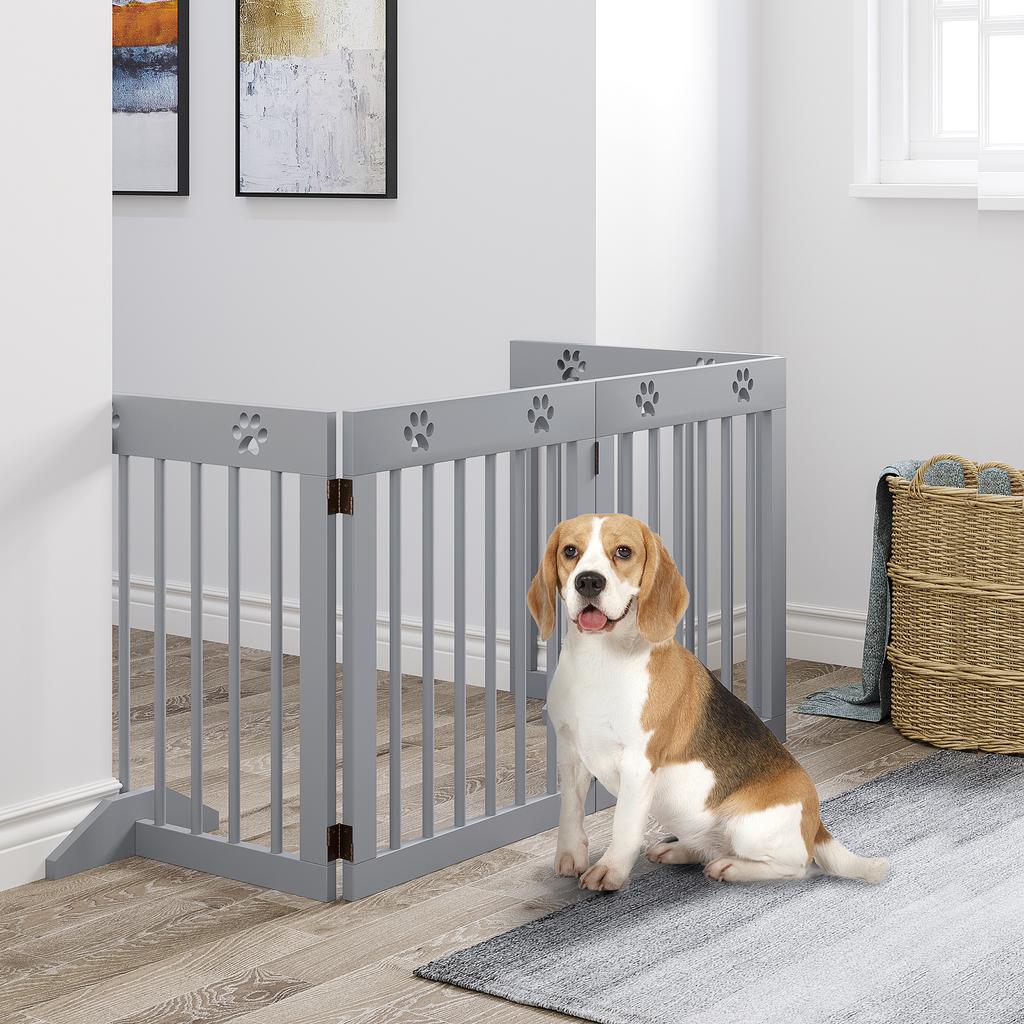 Freestanding Pet Gate 4 Panel Folding Wooden Dog Barrier W Support Feet