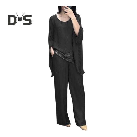 Женский повседневный костюм, топ, широкие брюки, свободный наряд для дома, вечеринки, офиса, с круглым вырезом, с рукавами «летучая мышь», комьютерный костюм