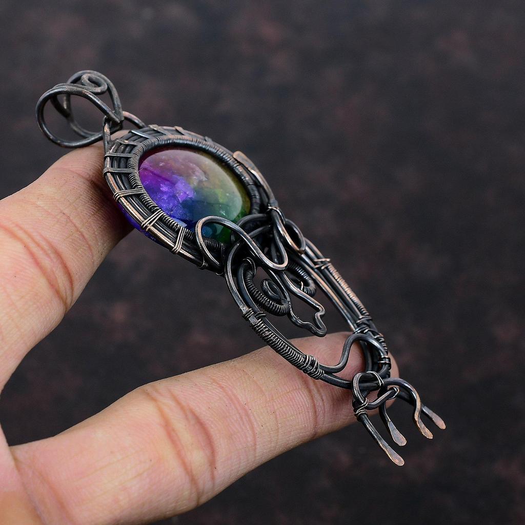 Rainbow Solar Quartz Druzy Pendant Copper Wire Wrapped Pendant Gemstone Pendant Wire Wrap Jewelry For Gift Handmade Pendant Copper Jewelry