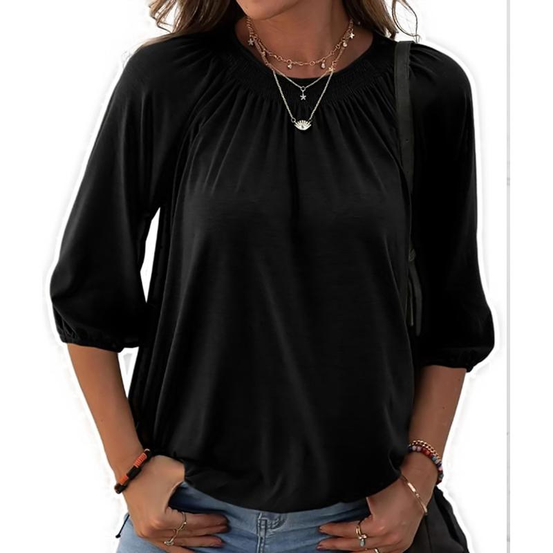 Новинка 2024 года, осенний женский повседневный свободный плиссированный однотонный пуловер с круглым вырезом и рукавом три четверти, топ