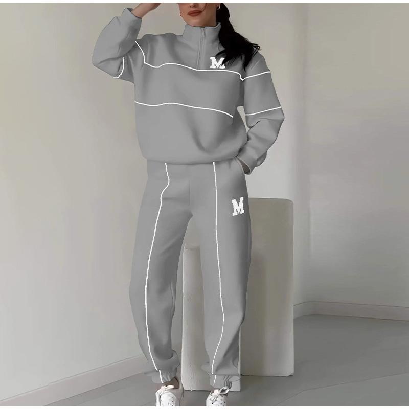 Женская толстовка с длинными рукавами и воротником-стойкой, повседневный спортивный костюм из двух предметов с буквенным принтом, свободный спортивный женский наряд на весну и осень