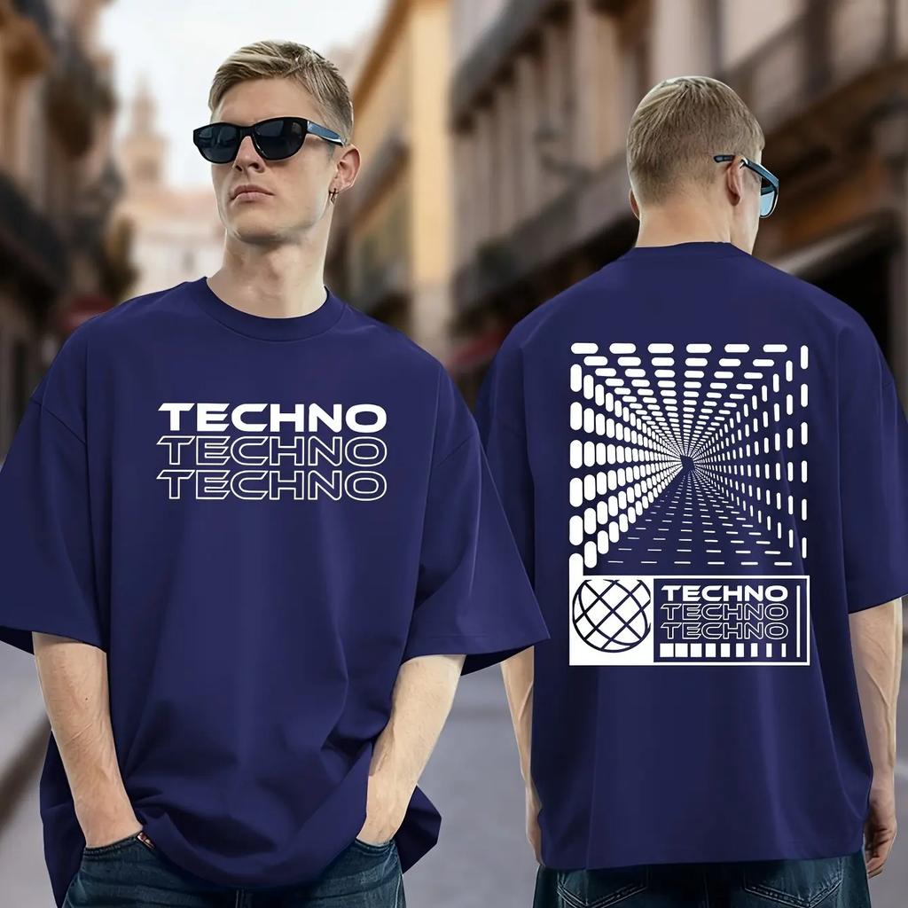 Unisex Techno Rave Music Optical Tunnel Graphic Tee Front Back Print Oversized Streetwear Short Sleeve Tshirt