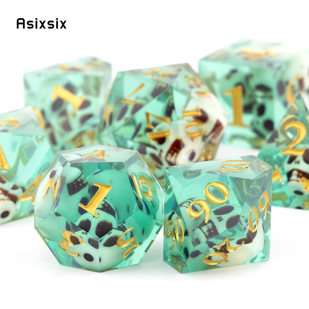 7 шт., зеленый череп, смола, золотой номер, острые края, многогранные кости, подходят для ролевых игр, настольная игра, карточная игра