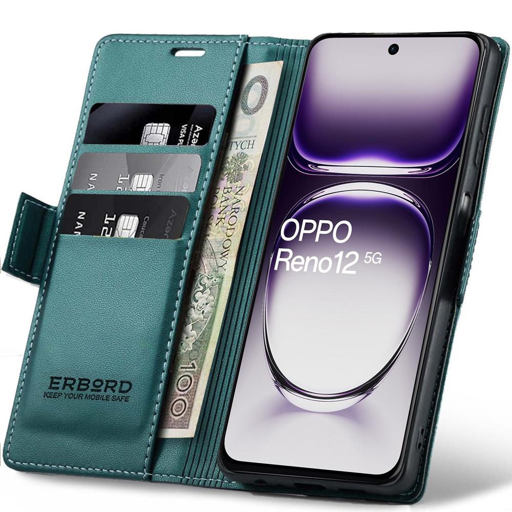 Oppo Reno 12 Case, ERBORD Glossy Litchi, Wallet with Flip, Green