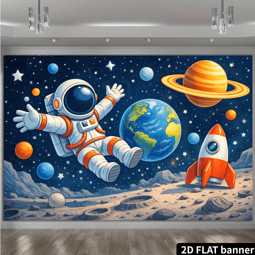 2D plane stretched and floating astronaut background fabric. Cartoon astronaut floating in space and stretching out both arms.