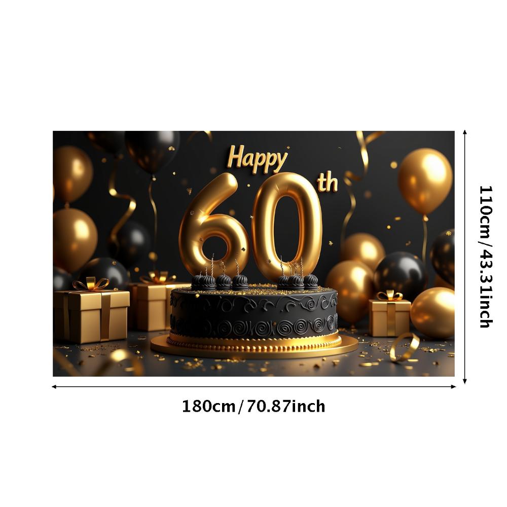 Блестящий баннер с надписью «С 60-летием!», чёрно-золотые шары, украшение для фона на день рождения, реквизит для фотосъёмки