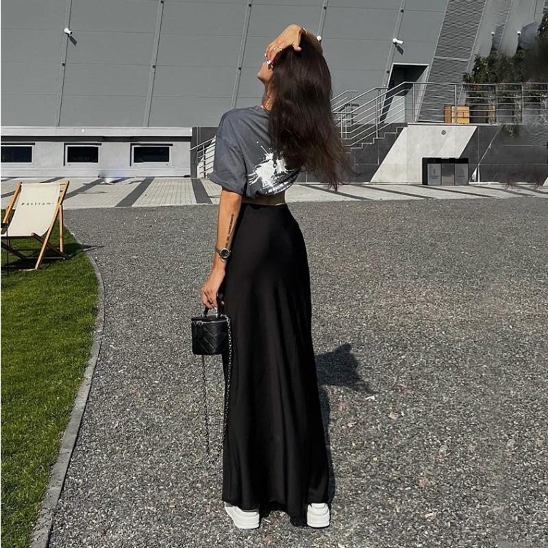 Черная атласная юбка-макси для женщин, высокая талия, кружевные боковые тонкие облегающие юбки-карандаши, женская элегантная клубная вечерние юбка