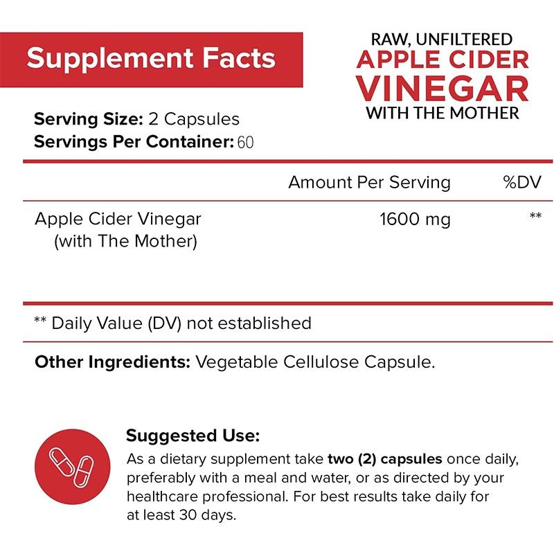 Daitea Apple Cider Vinegar Capsules, Raw Unfiltered with The Mother, 1600mg Per Serving, 120 Caps