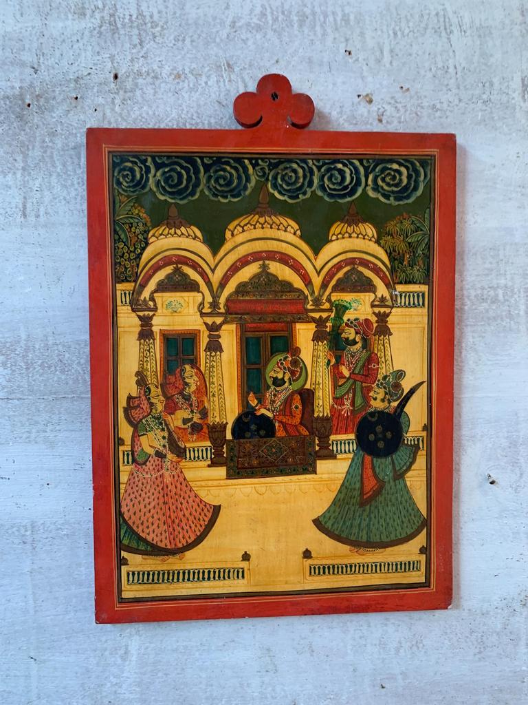 Hand-Painted Royal Portrait: Indian King & Queen Wood Frame Wall Decor