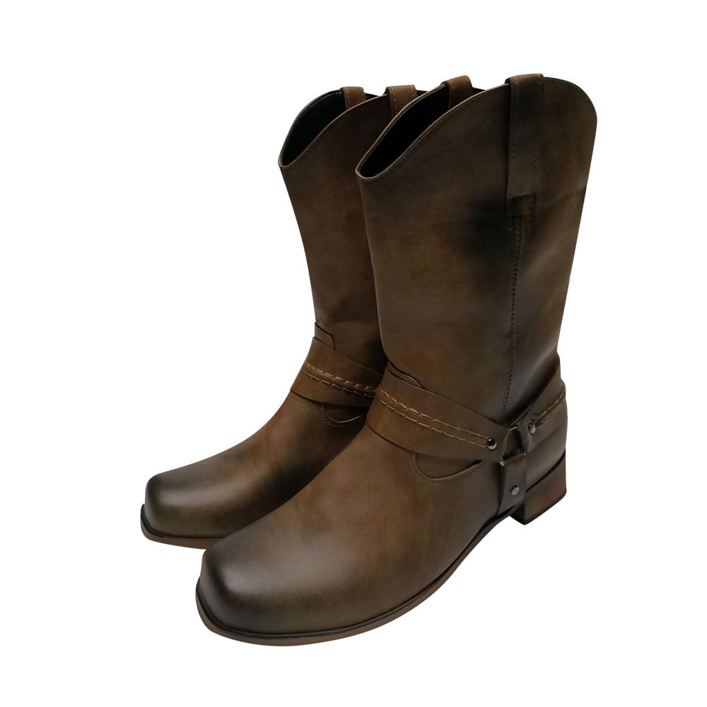 Мужские кожаные нескользящие туфли на низком каблуке с круглым носком и пряжкой, ковбойские сапоги